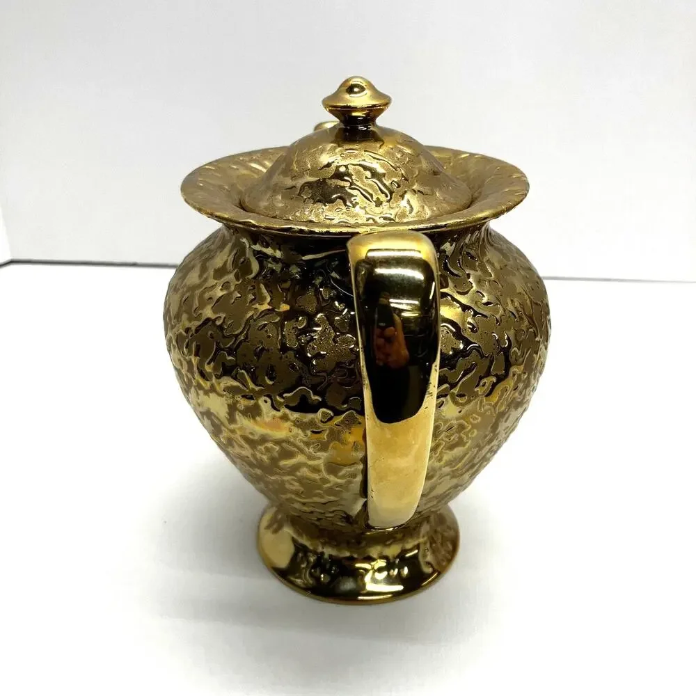 Weeping Gold Pitcher Set 22KT Teapot and Two Vases Elynor China MCM 1960s